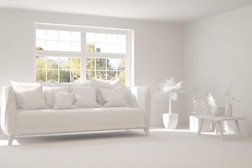 Stylish room in white color with sofa and autumn landscape in window. Scandinavian interior design. 3D illustration