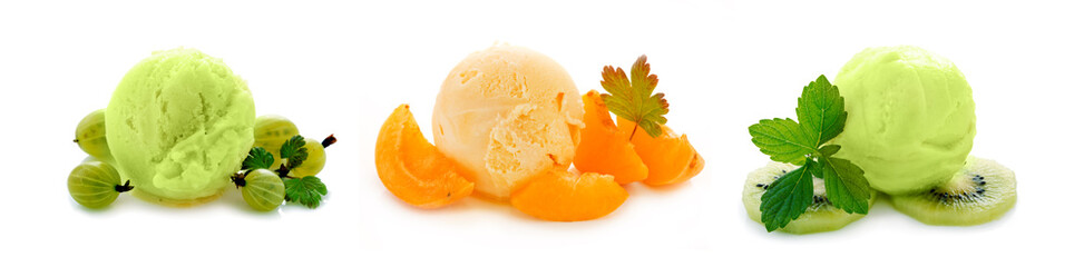 Mixed ice cream with fruits isolated on white background. - obrazy, fototapety, plakaty