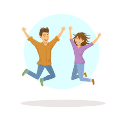 cute funny couple, man and woman jumping for joy