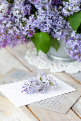 Beautiful fresh violet lilac bouquet in metal can. Greeting card for Mother's day, Saint Valentine's Day, 8 march, Women's day. Springtime freshness. White wooden background, close up