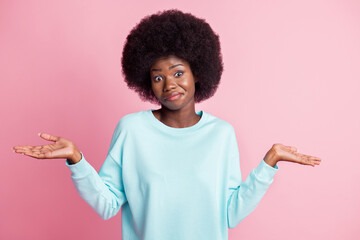 Photo portrait of girl unsure having doubt not know isolated on pastel pink color background