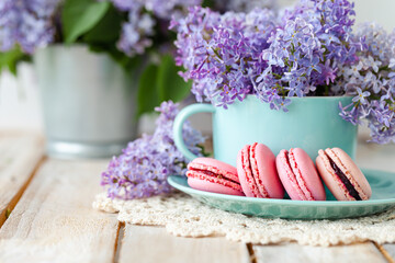 Postcard with violet lilac bouquet in a blue cup and delicious french macarons. Template for birthday card, greeting for Mother's Day, Saint Valentine's day, 8 March, Women's Day. White background