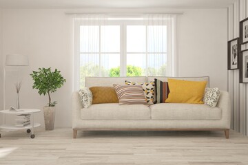 Soft color living room with sofa. Scandinavian interior design. 3D illustration