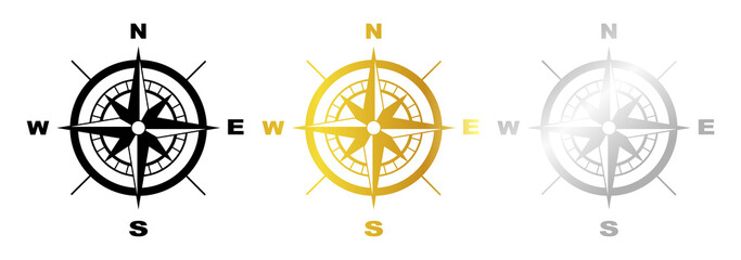 Vector black and white, gold, silver simple vintage compass icon
