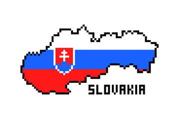 2d 8 bit pixel art Slovakia (Slovak Republic) map covered with flag isolated on white background. Old school vintage retro 80s, 90s platform computer, video game graphics. Slot machine design element.