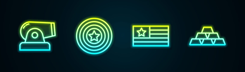 Set line Cannon, American star shield, flag and Gold bars. Glowing neon icon. Vector