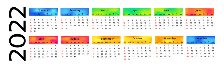 Horizontal calendar for 2022 on a white background