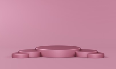 Stepped pedestal of five rose cylinders in studio lighting on rose background. 3d render.