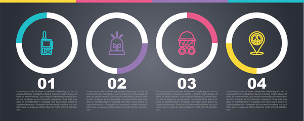 Set line Walkie talkie, Flasher siren, Gas mask and Location peace. Business infographic template. Vector