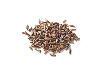 Close up caraway seeds. Dried caraway seeds isolated on white background. Pile of cumin seeds....