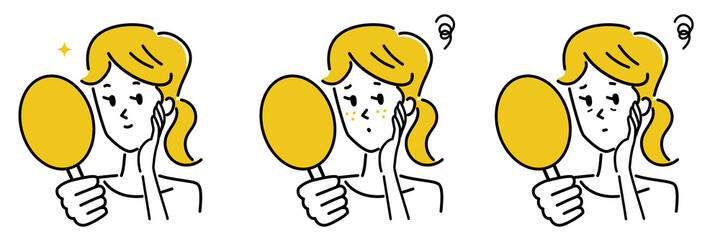鏡を見る女性のイラスト素材セット