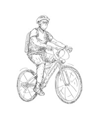 Naklejka premium Man with masked rids on a bike sketch illustration