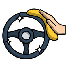 Car Interior Germ Cleaning Concept, Shiny Steering Wheel Hand Vector Color Icon Design, covid car cleaning service Symbol on white background, Vehicle disinfection Sign, Lorry Detailing Stock