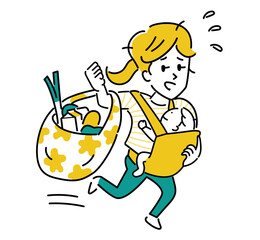 赤ちゃんを抱っこしながら買い物する大変そうなお母さんのイラスト素材