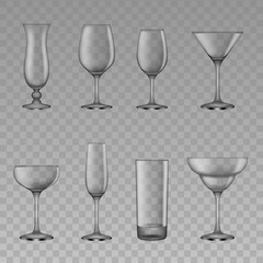 set of empty cocktail glasses.  transparent glasses