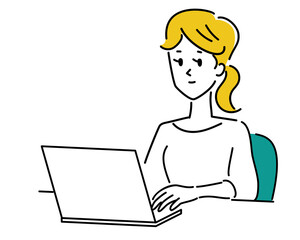 パソコン操作する笑顔の女性のイラスト素材