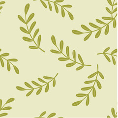 Green random leaf branches shapes seamless doodle pattern. Grey background. Doodle ornament.