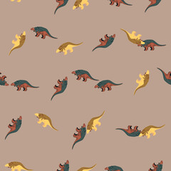 Doodle seamless pattern with random cute dinosaurs ankylosaurs ornament. Beige pale background.