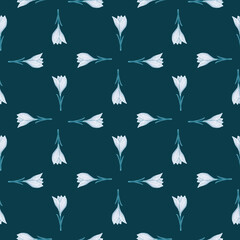 Fototapeta na wymiar Geometric style seamless pattern with blue crocus flowers elements. Dark blue background.