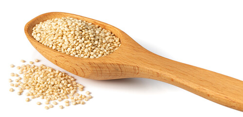 uncooked white quinoa in the wooden spoon, isolated on white background