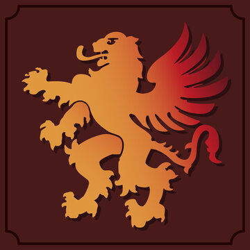 Simple manticore icon. Lion with griffin wings and scorpion tail. Orange and beard icon on dark red background