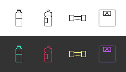 Set line Fitness shaker, , Dumbbell and Bathroom scales on black and white. Vector