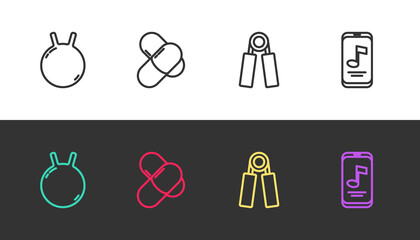 Set line Kettlebell, Sports nutrition, expander and Music player on black and white. Vector