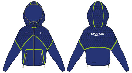 Women Long sleeve Anorak Hoodie jacket design template in vector, popover Hooded jacket with front and back view, windcheater winter jacket for girl and women. for Running and workout in winter. © JERZEY DESINZ