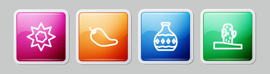 Set line Sun, Hot chili pepper pod, Tequila bottle and Cactus. Colorful square button. Vector