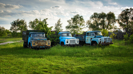 old abandoned broken trucks on green grass