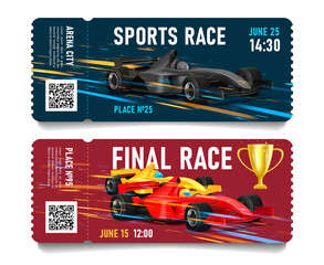 Race championship ticket with sport car illustration moving on high speed, with snap-out part and QR code