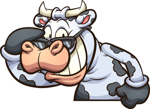 Laughing cow taking sunglasses off. Vector clip art illustration with simple gradients. All on a single layer.
