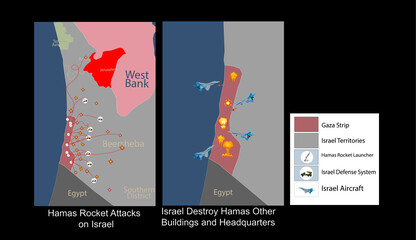 israel hamas conflict illustration map.israel vs hamas gaza war. - obrazy, fototapety, plakaty