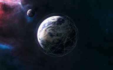 Obraz na płótnie Canvas Planet Earth. Moon. Visualization of satellite orbits. Solar system. 3D render. Science fiction. Elements of this image furnished by NASA