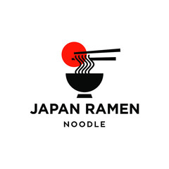 ramen noodle asian food logo design with chopstick and japan red sun flag restaurant logo vector