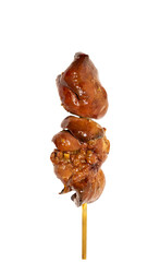Chicken liver on bamboo skewers, grilled over the fire until cooked to make food. Clipping Path.