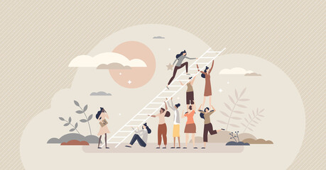 Encouragement for female career and woman motivation tiny person concept. Crowd appreciation and cheering with work support and collaboration vector illustration. Feminism bonus as confidence boost. - obrazy, fototapety, plakaty