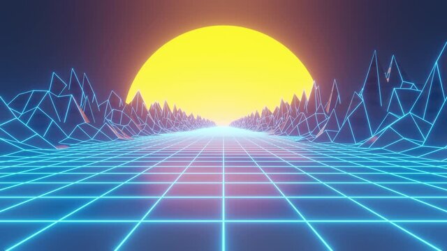 Blue retro synthwave 80s style looped animation background. Sunset on the horizon