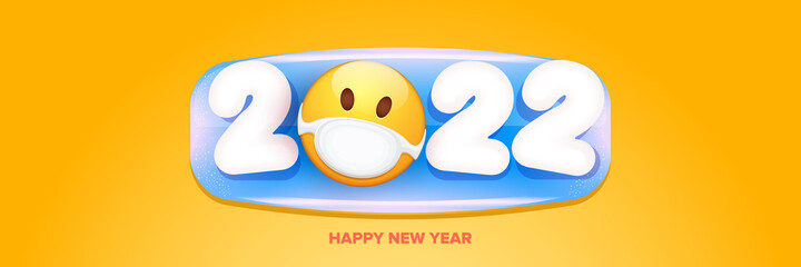 2022 Happy new year greeting horizontal banner with smile face Emoji sticker with mouth medical protection mask and 2022 numbers isolated on orange background.