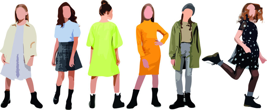 Set of little girls standing and wearing dress, in various poses, cartoon character, people, business, group, vector silhouette, flat design icon, different colors, isolated on white background 
