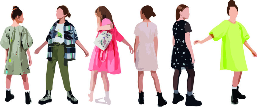 Set of little girls standing and wearing dress, in various poses, cartoon character, people, business, group, vector silhouette, flat design icon, different colors, isolated on white background 