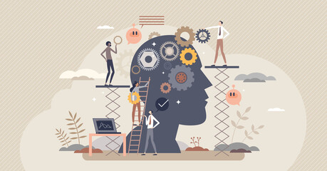 Cognitive process and psychological mind learning process tiny person concept. Inner head thoughts research and mental rehabilitation help from professional psychotherapy team vector illustration.