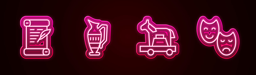Set line Decree, parchment, scroll, Ancient amphorae, Trojan horse and Comedy and tragedy masks. Glowing neon icon. Vector