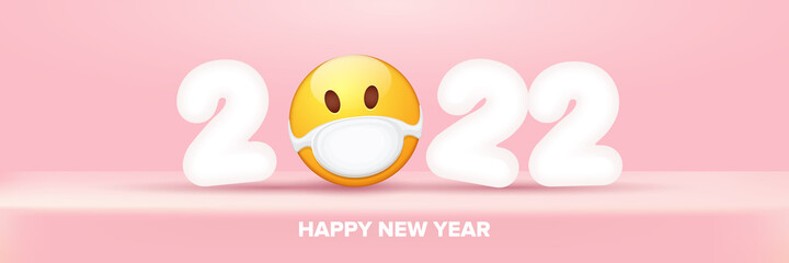2022 Happy new year greeting horizontal banner with smile face Emoji sticker with mouth medical protection mask and 2022 numbers isolated on soft pastel pink background.