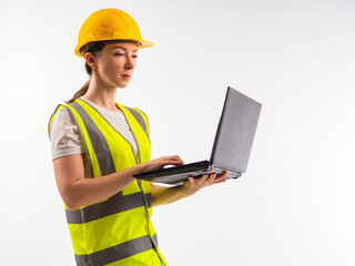 Industrial woman uses a laptop. Studio portrait of an industrial woman. She is standing with a laptop on a white background. Industrial woman in reflective uniform. Girl in a safety helmet.