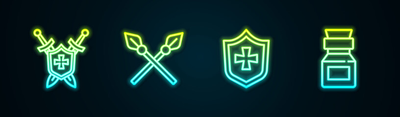 Set line Medieval shield with swords, Crossed medieval spears, Shield and Poison in bottle. Glowing neon icon. Vector