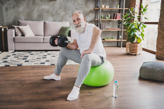 Full size photo of handsome cheerful smiling good mood mature man sit fitball training lifting dumbbell at home house