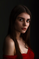 Fototapeta premium Close-up of beautiful young attractive woman face with natural makeup on dark studio background