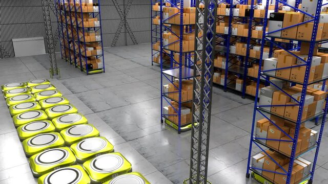Autonomous robots moving around rack shelves with packages in warehouse - artificial intelligence, logistics, shipping, storage concept - 3D 4k animation (3840x2160 px).