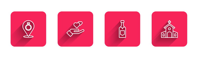 Set line Wedding rings, Heart hand, Champagne bottle and Church building with long shadow. Red square button. Vector